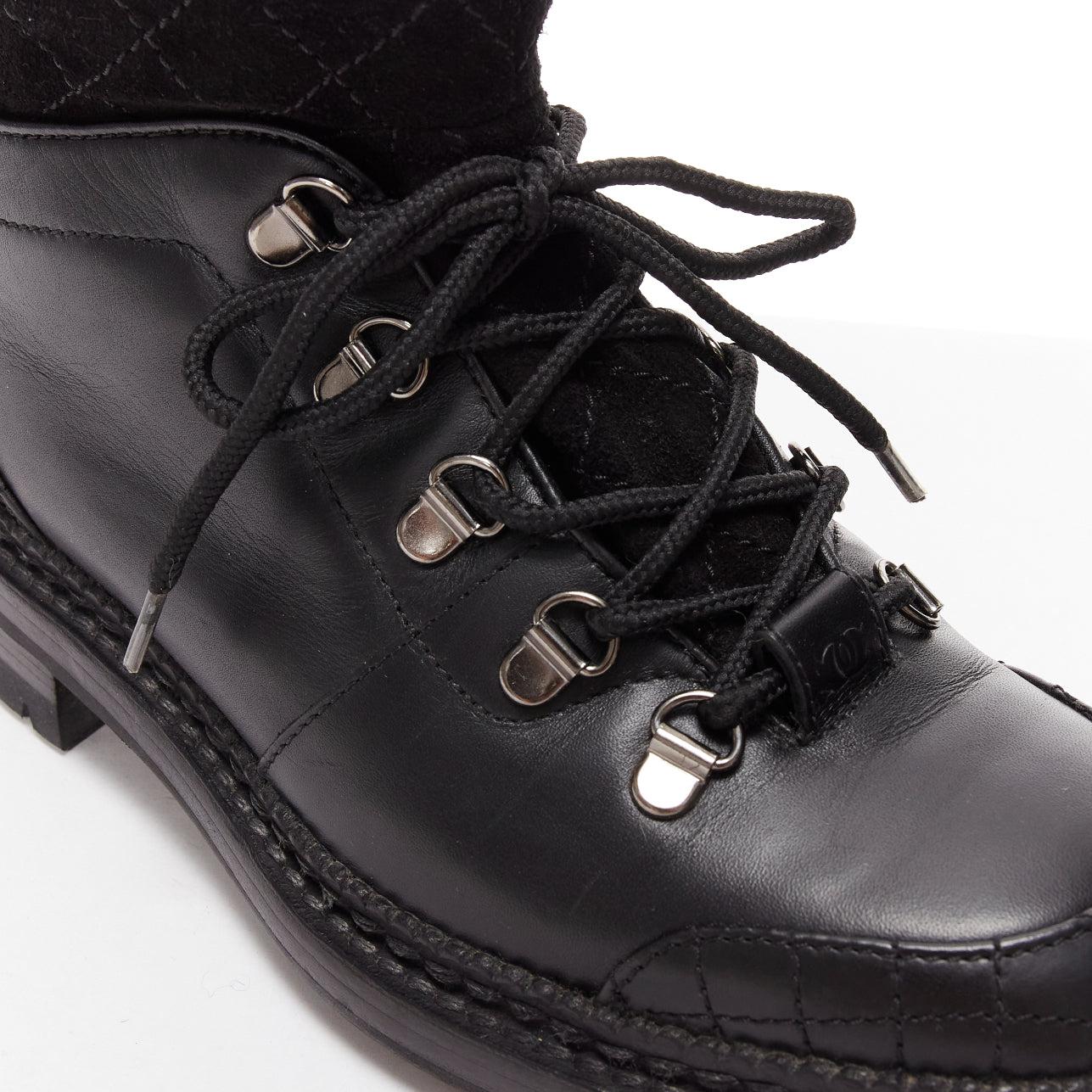 CHANEL black quilted trim CC logo tromp loeil sock ankle boots EU38 2