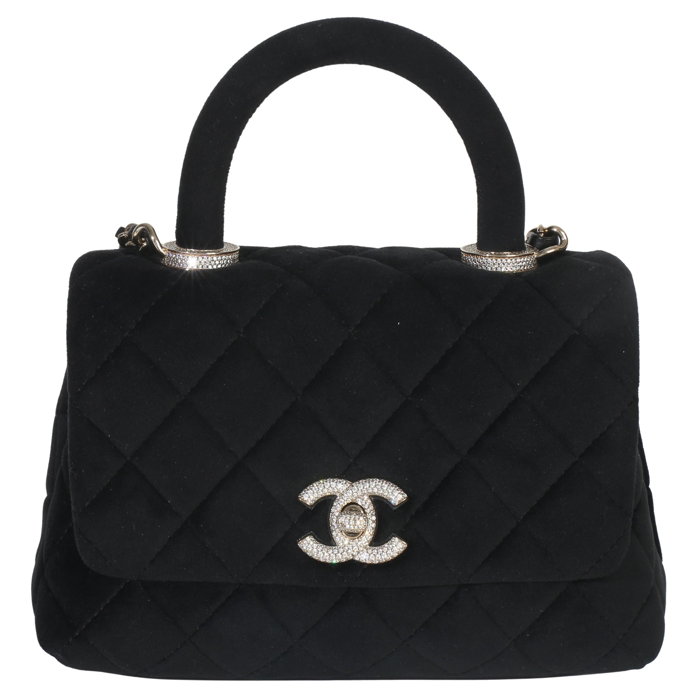 Chanel Black Quilted Velvet Crystal Extra Mini Coco Handle Flap Bag