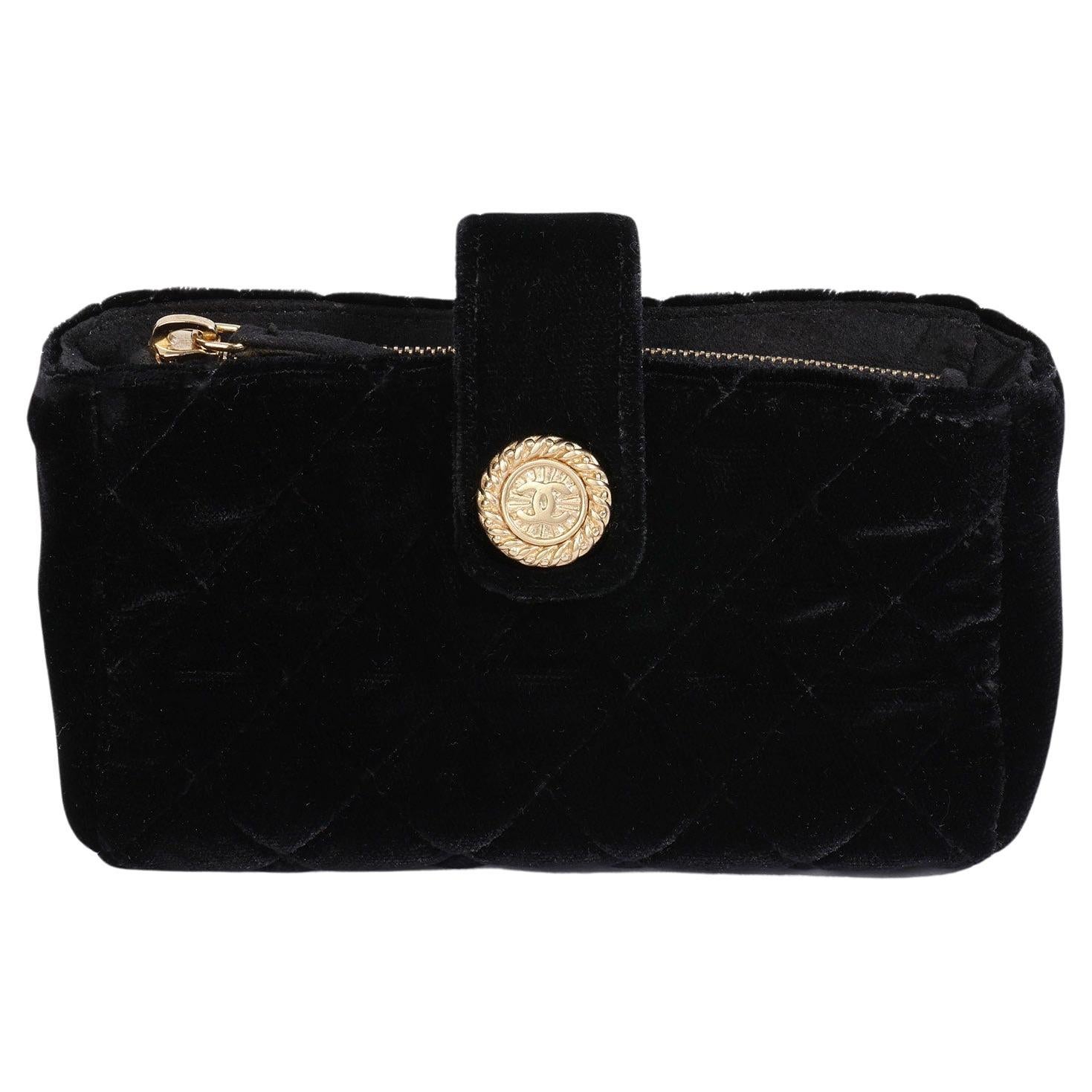 Chanel BLACK QUILTED VELVET LEATHER MINI POUCH