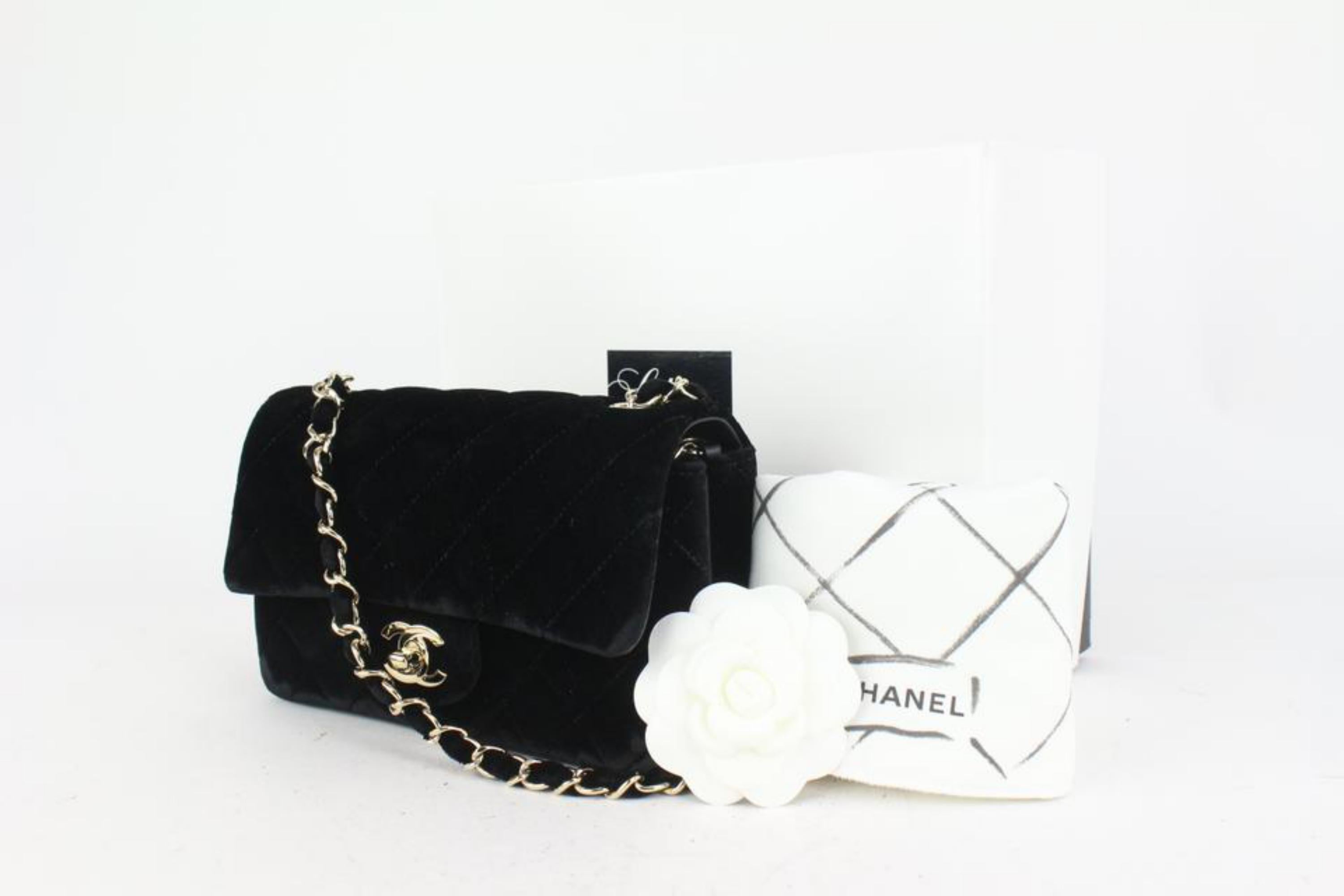Chanel Black Quilted Velvet Mini Classic Flap Chain Bag Silver 3C927 For Sale 8