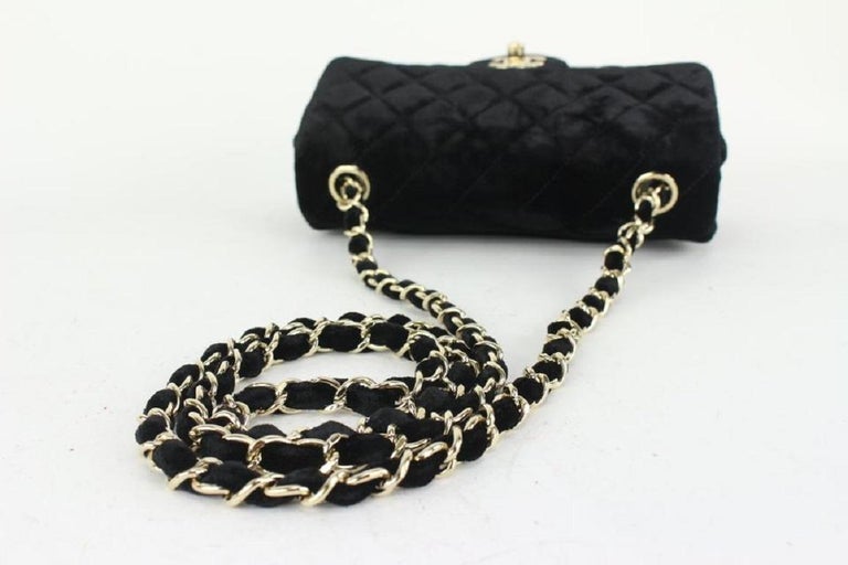 Chanel Black Quilted Velvet Mini Classic Flap Chain Bag Silver 3C927