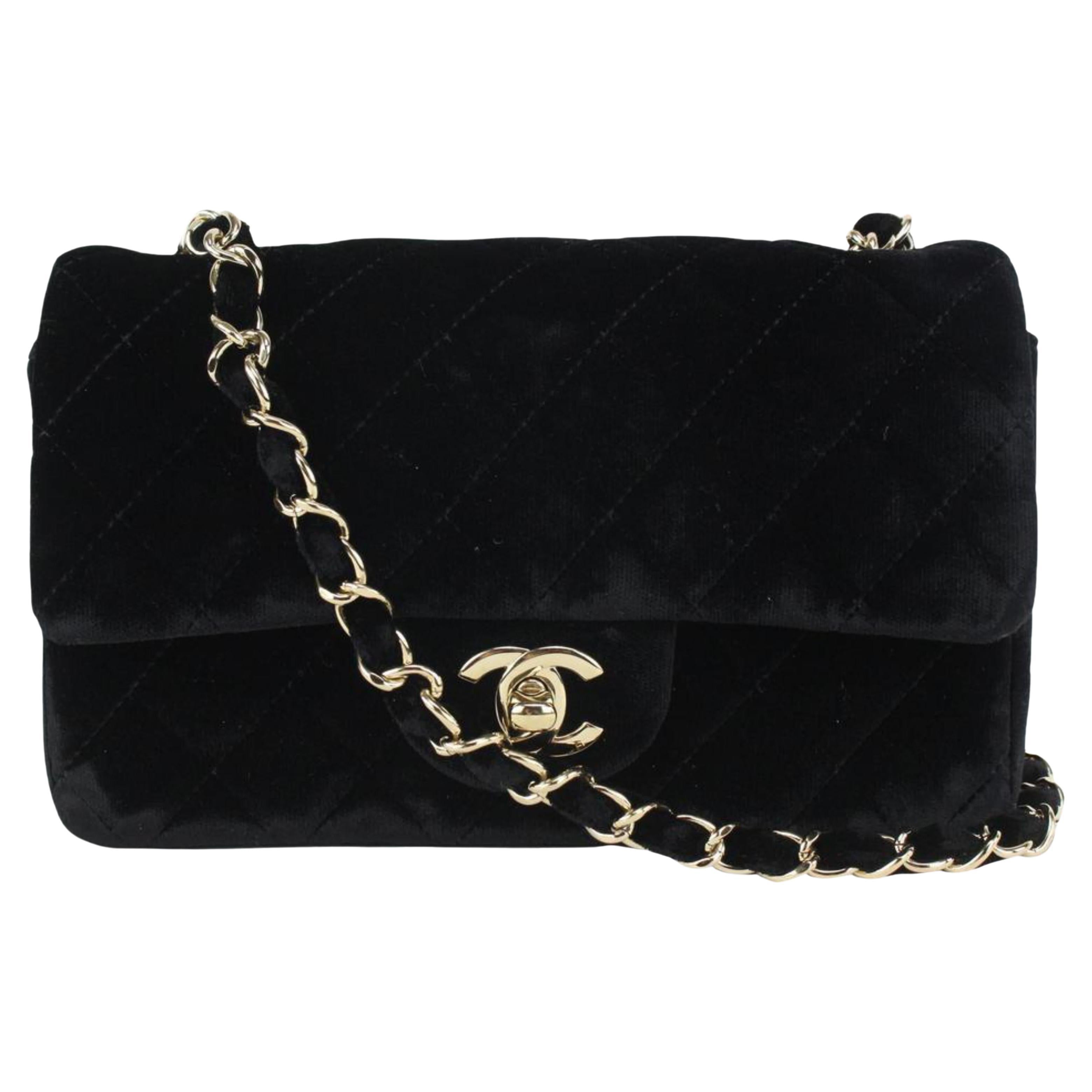Chanel Black Quilted Velvet Mini Classic Flap Chain Bag Silver 3C927