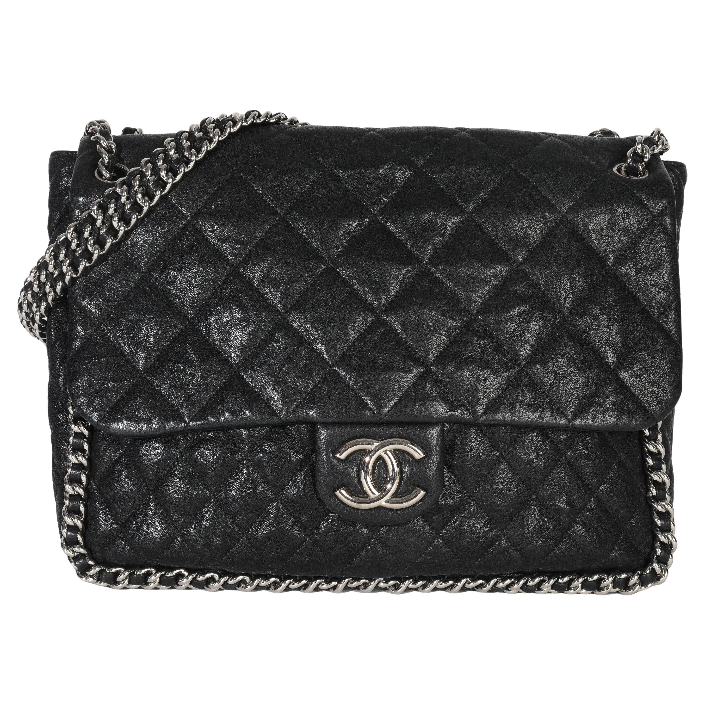 Chanel Black Quilted Washed Lambskin Chain Around Maxi Flap Bag For Sale