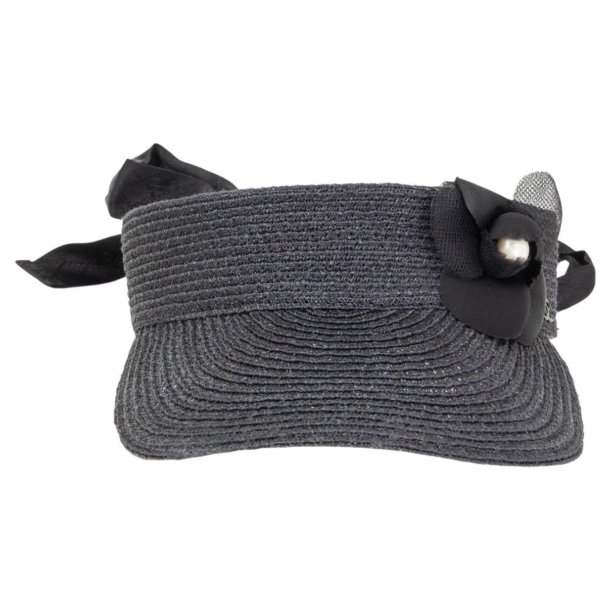CHANEL black raffia 2018 CAMELLIA Visor Hat M For Sale