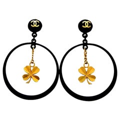 Chanel Black Rare Vintage Clover Dangle Hoop Clip-On Earrings