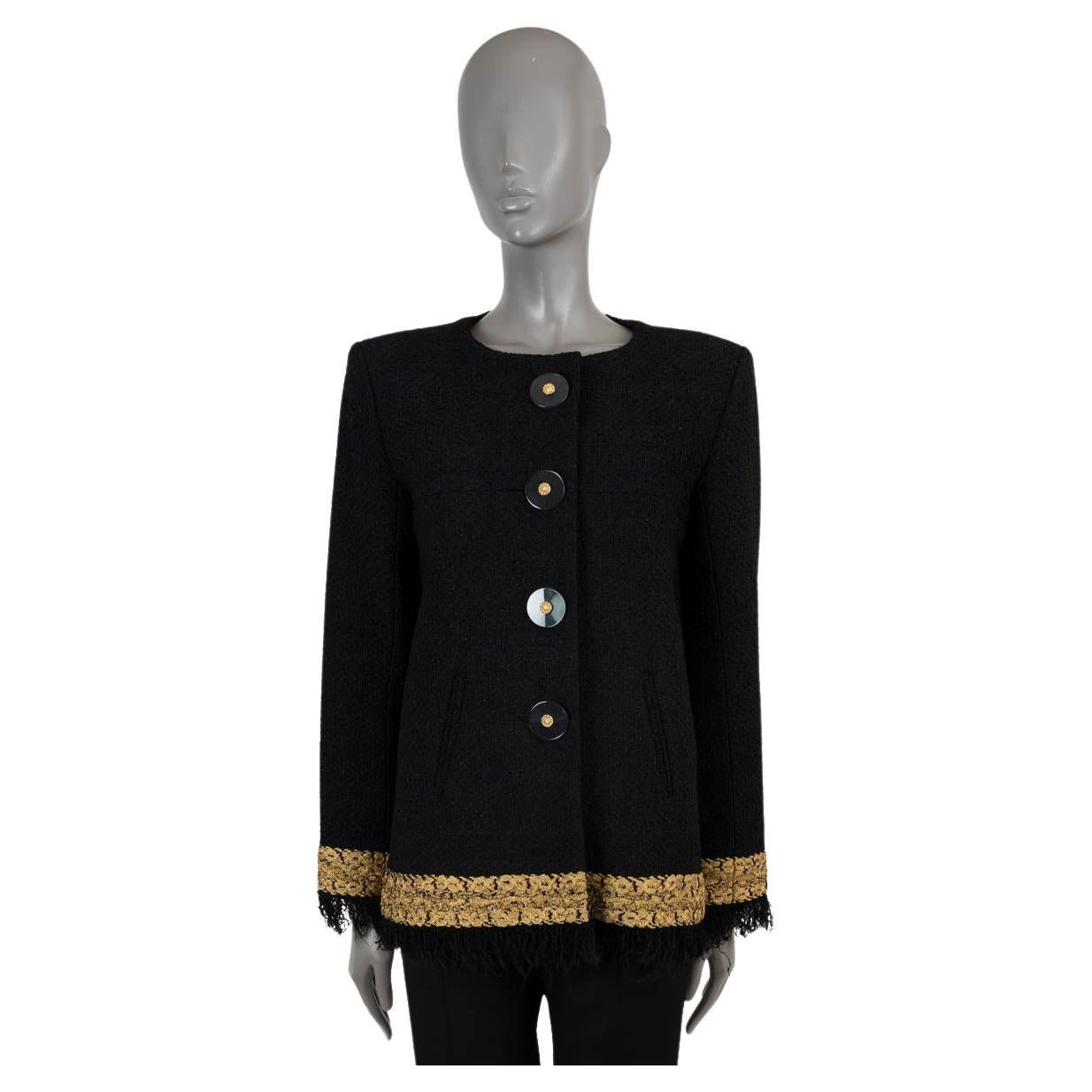 CHANEL black rayon 2017 17A COSMOPOLITE EMBROIDERED TWEED Jacket 42 L For Sale