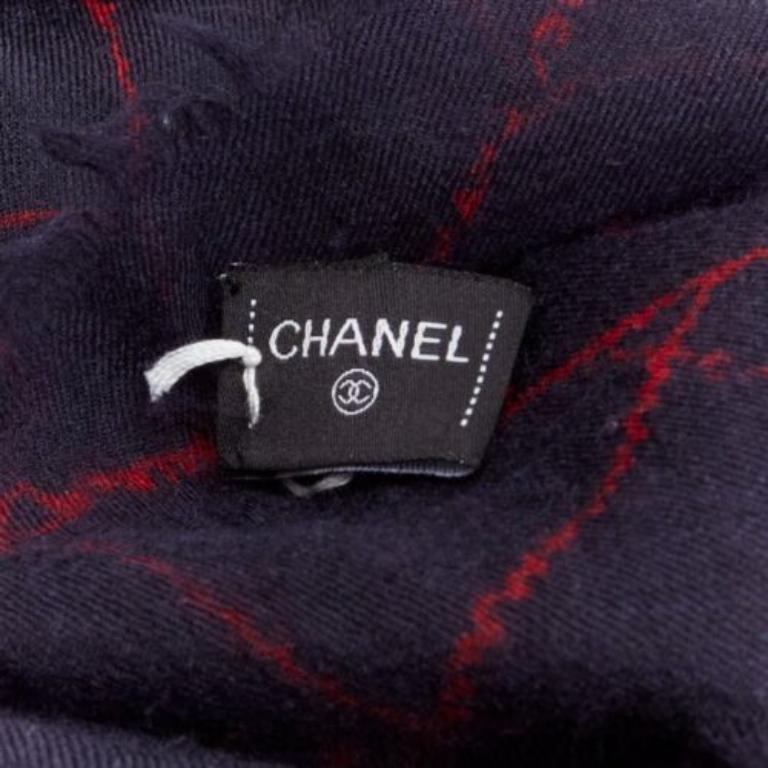 CHANEL black red CC logo diamond quilt print soft warm raw edge scarf For Sale 3