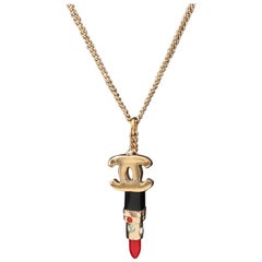 Chanel Black & Red Inlaid Crystal Lipstick & CC Logo Charm Necklace, 2004A