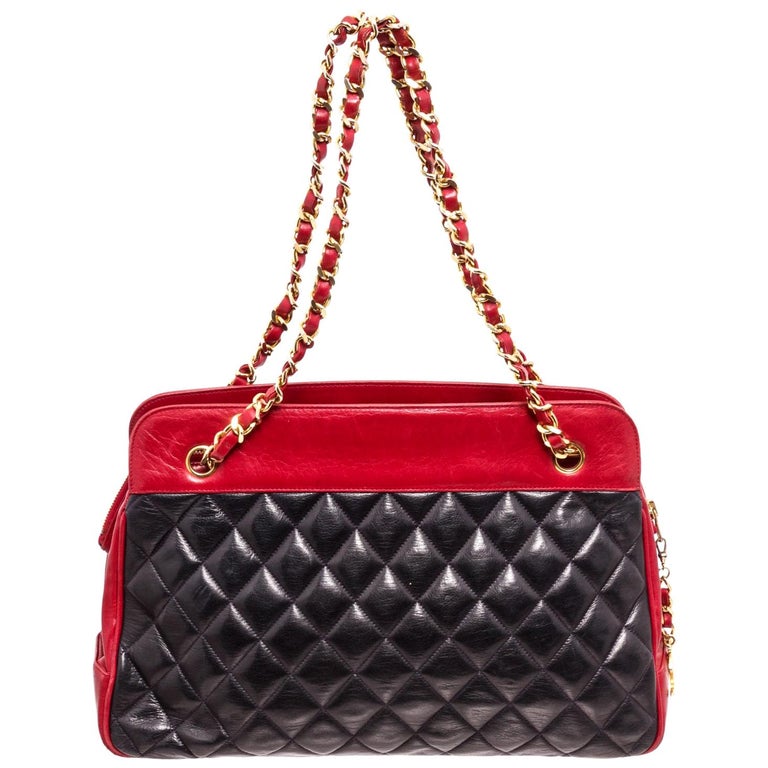 Chanel Black Red Lambskin Leather Chain Shoulder Bag For Sale at 1stDibs