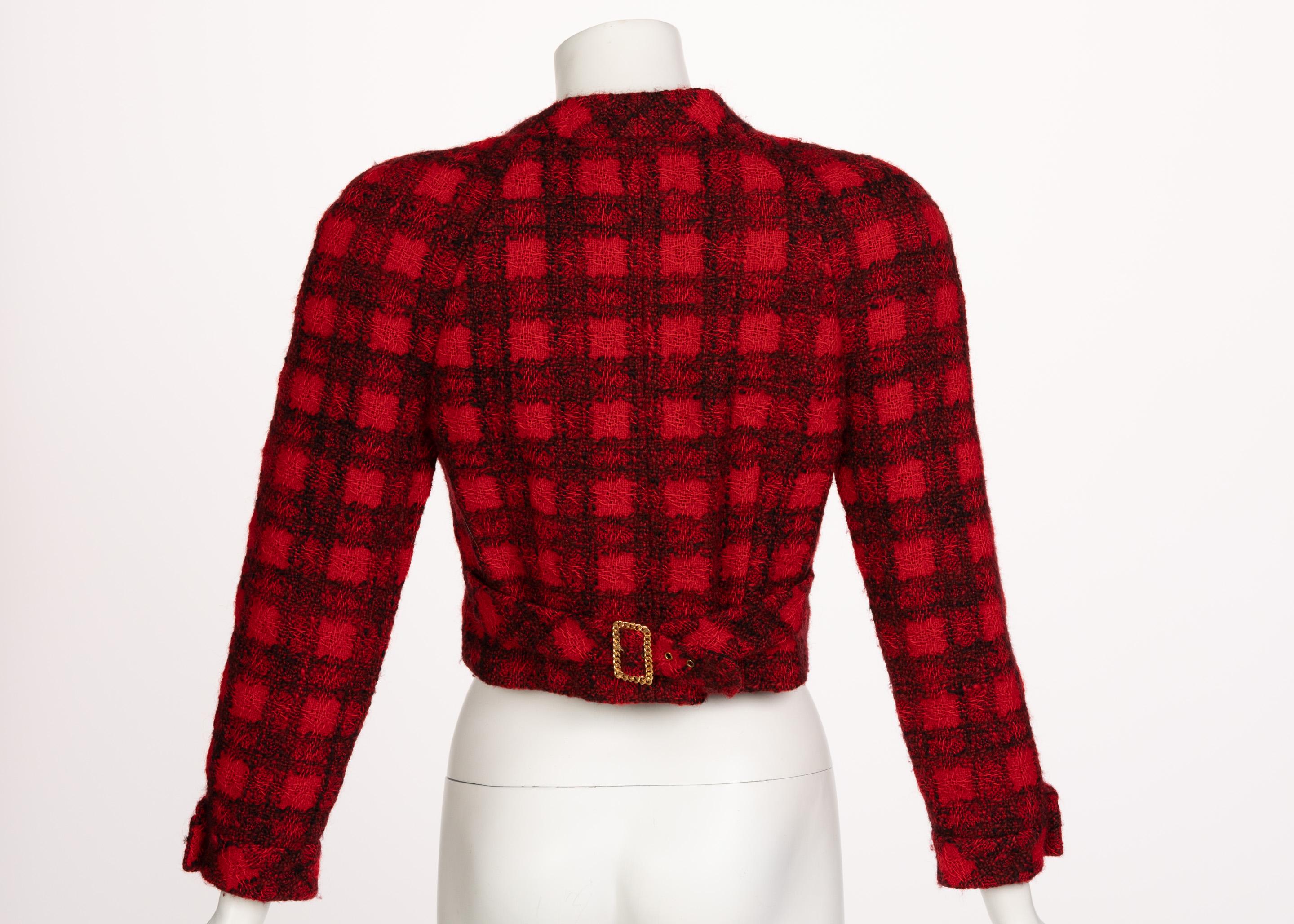 Chanel Black Red Plaid Cropped Wool Jacket Runway 1988 In Excellent Condition In Boca Raton, FL