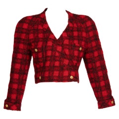 Vintage Chanel Black Red Plaid Cropped Wool Jacket Runway 1988