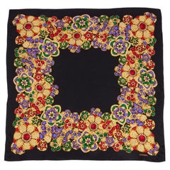 Chanel Black, Red, Purple, & Green Silk Retro Flower Scarf