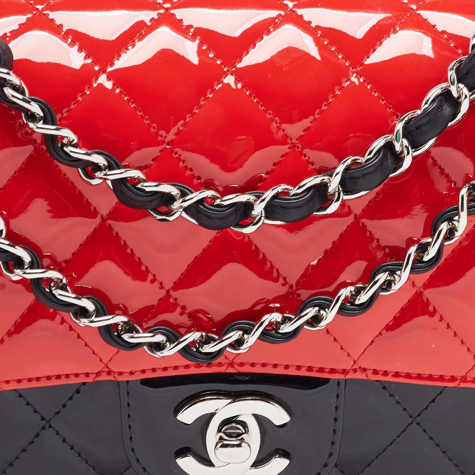 Women's Chanel Black/Red Quilted Patent and Leather Medium Classic Double Flap Bag