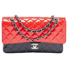 Chanel Black/Red Quilted Patent and Leather Medium Classic Double Flap Bag