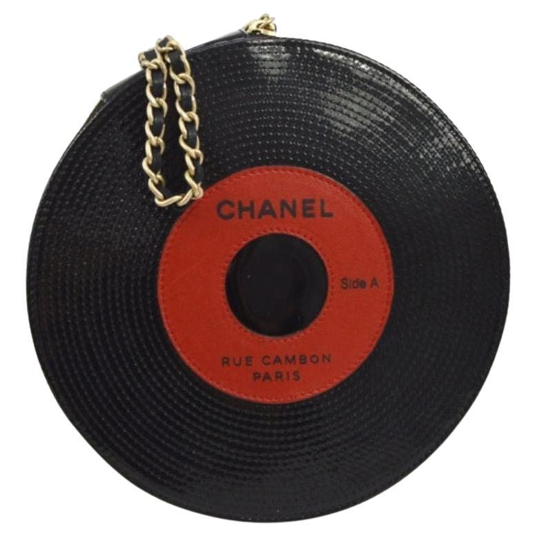 CHANEL Black Red Round Patent Gold Record Evening Clutch Bag For Sale
