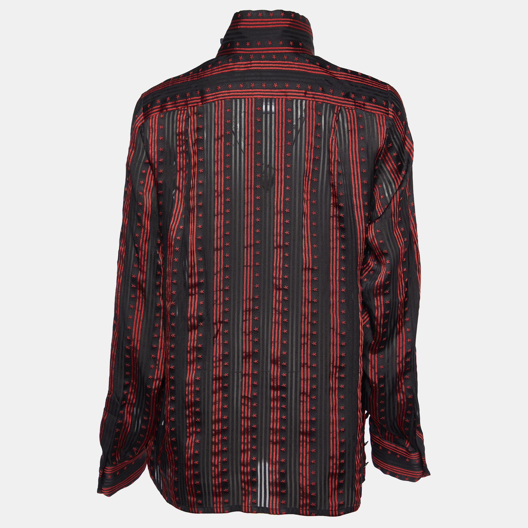 Chanel Black/Red Star Striped Silk Pleated Sheer Shirt L In Excellent Condition For Sale In Dubai, Al Qouz 2