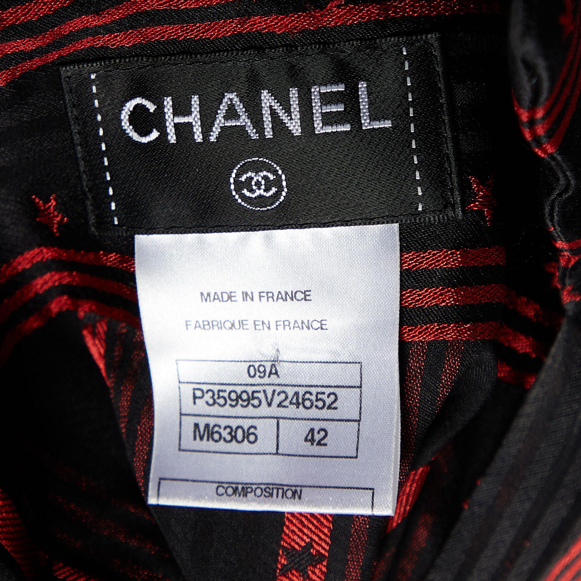 Women's Chanel Black/Red Star Striped Silk Pleated Sheer Shirt L For Sale