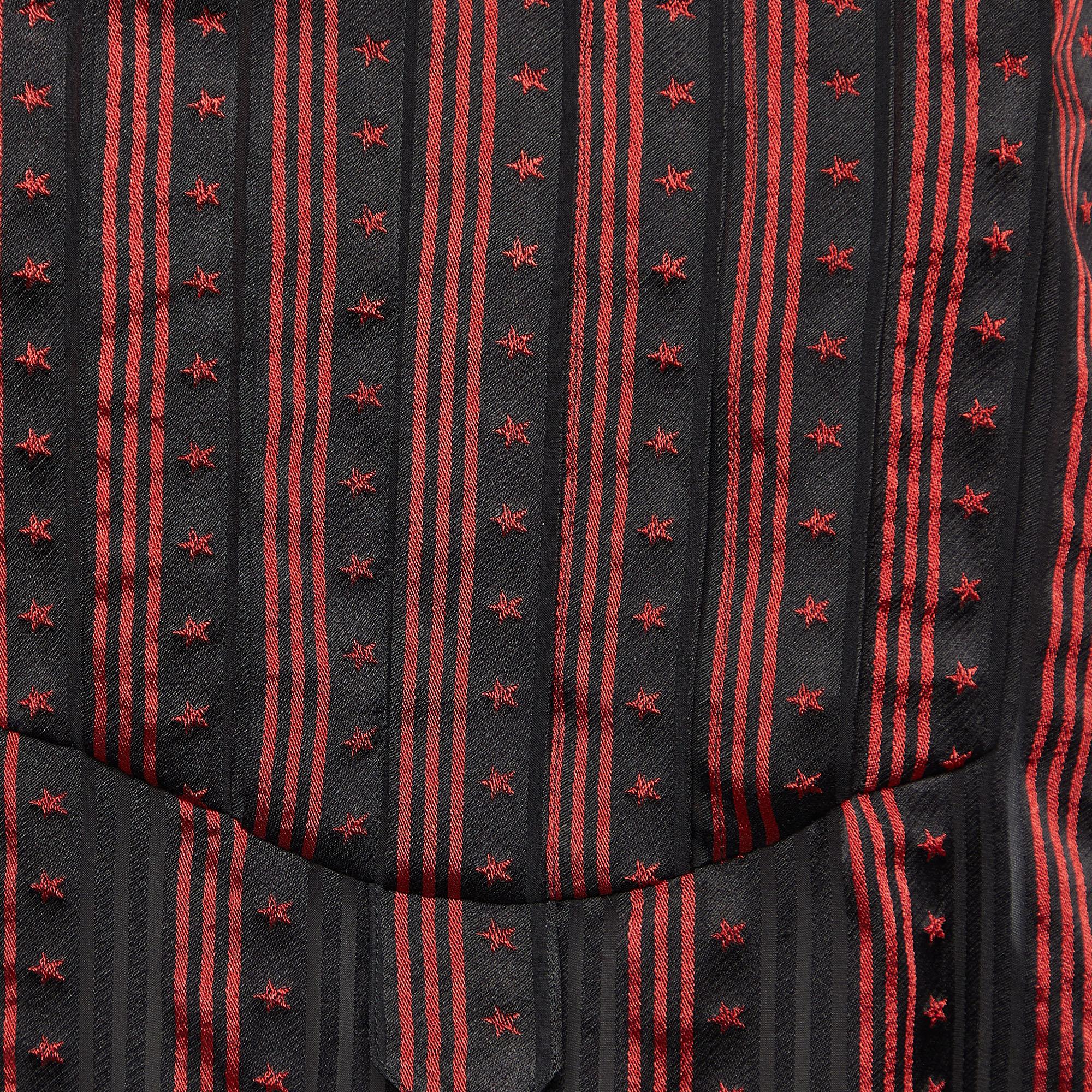 Chanel Black/Red Star Striped Silk Pleated Sheer Shirt L For Sale 1