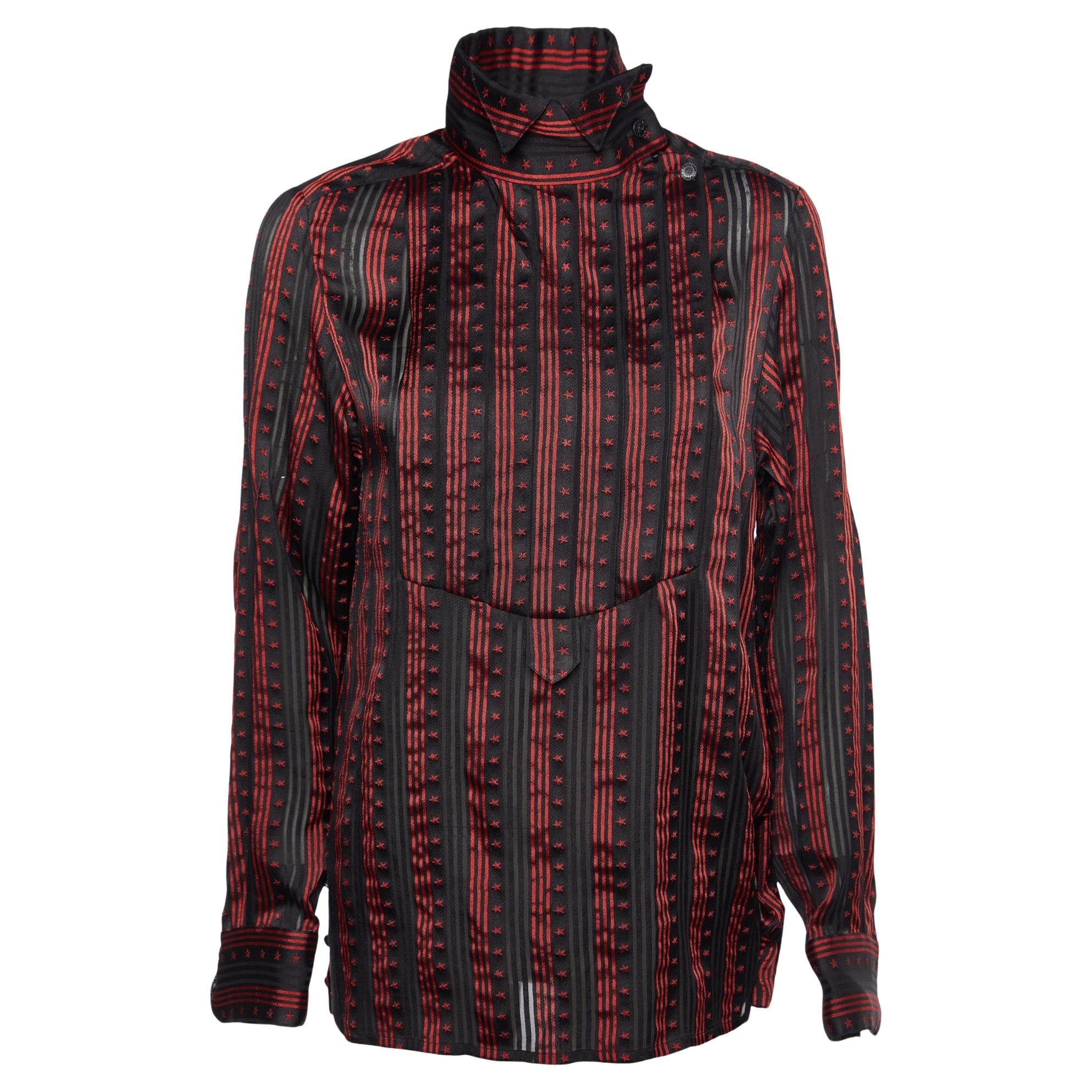 Chanel Black/Red Star Striped Silk Pleated Sheer Shirt L For Sale