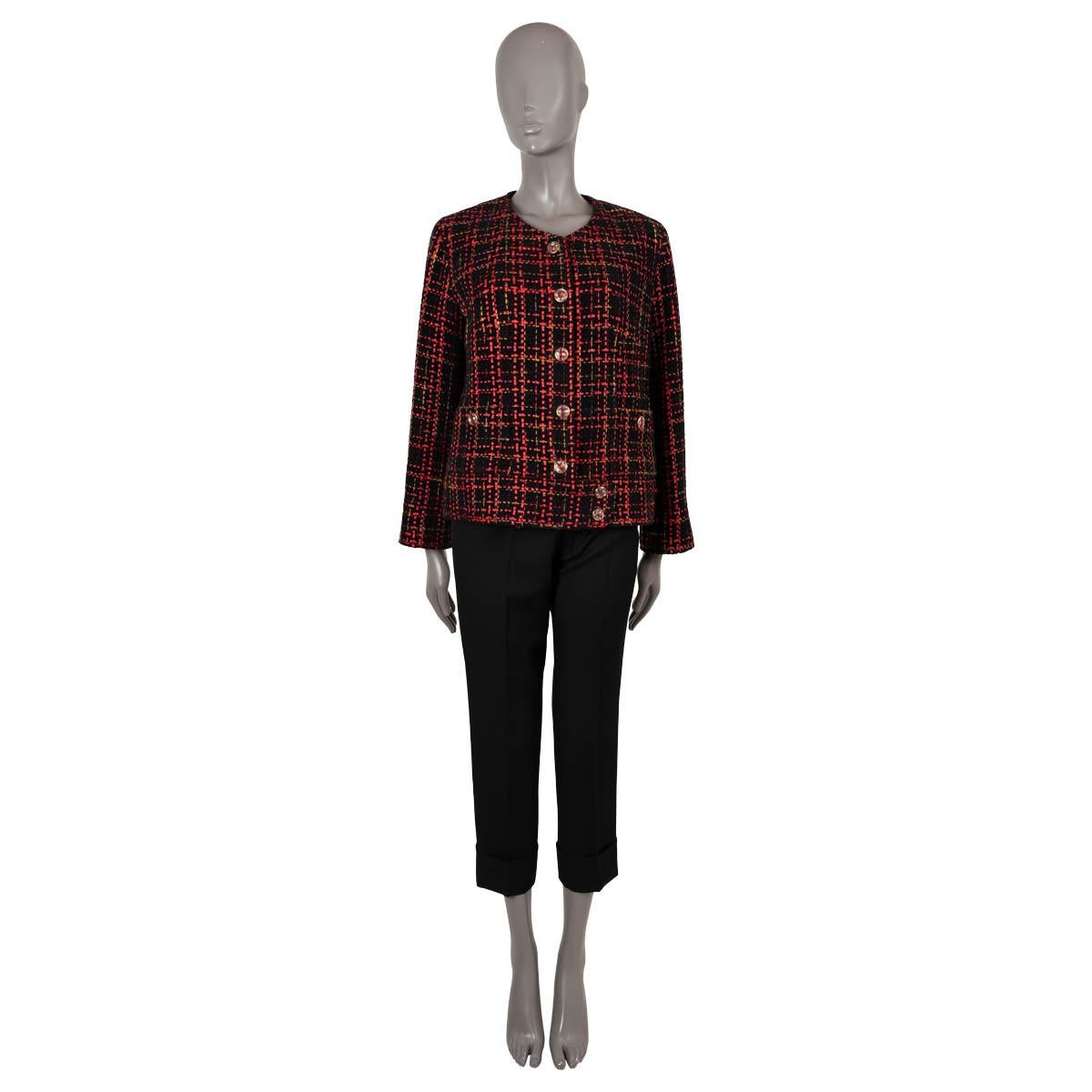 100% authentic Chanel collarless tweed jacket in black, red and dark yellow cotton (43%), wool (22%), cashmere (13%), polyester (11%) and silk (11%). Features two buttoned patch pockets at the waist. Closes with rainbow rhinestone buttons and is