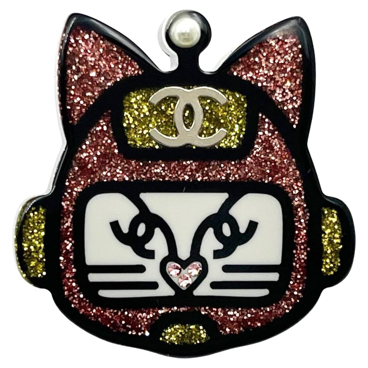 Chanel Black Red Yellow Glitter Cat Pin For Sale