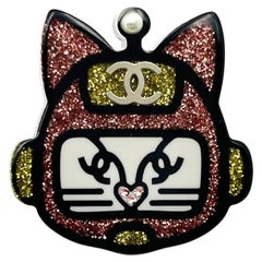 Chanel Black Red Yellow Glitter Cat Pin