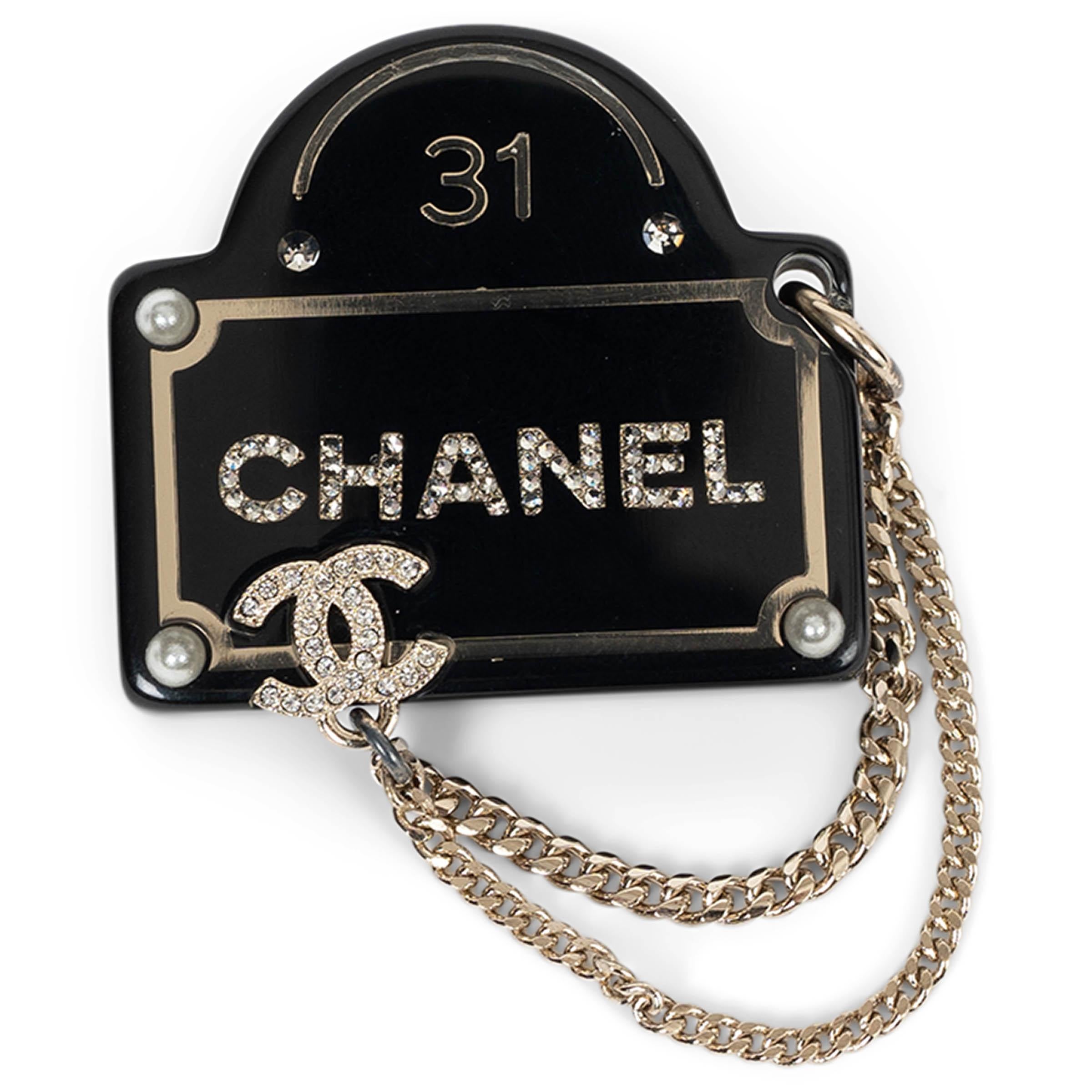 CHANEL black resin 22B RUE CAMBON STREET SIGN STRASS Brooch For Sale