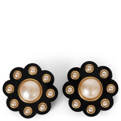 CHANEL black resin 92P CAMELLIA IMITATION PEARL Earrings Ear Clips