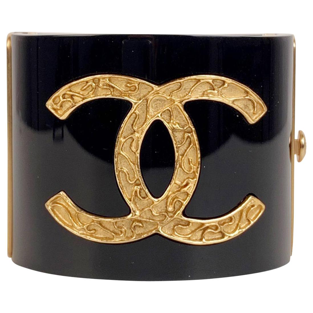 Chanel Black Resin and CC Logo Wide Cuff Bracelet Manchette For