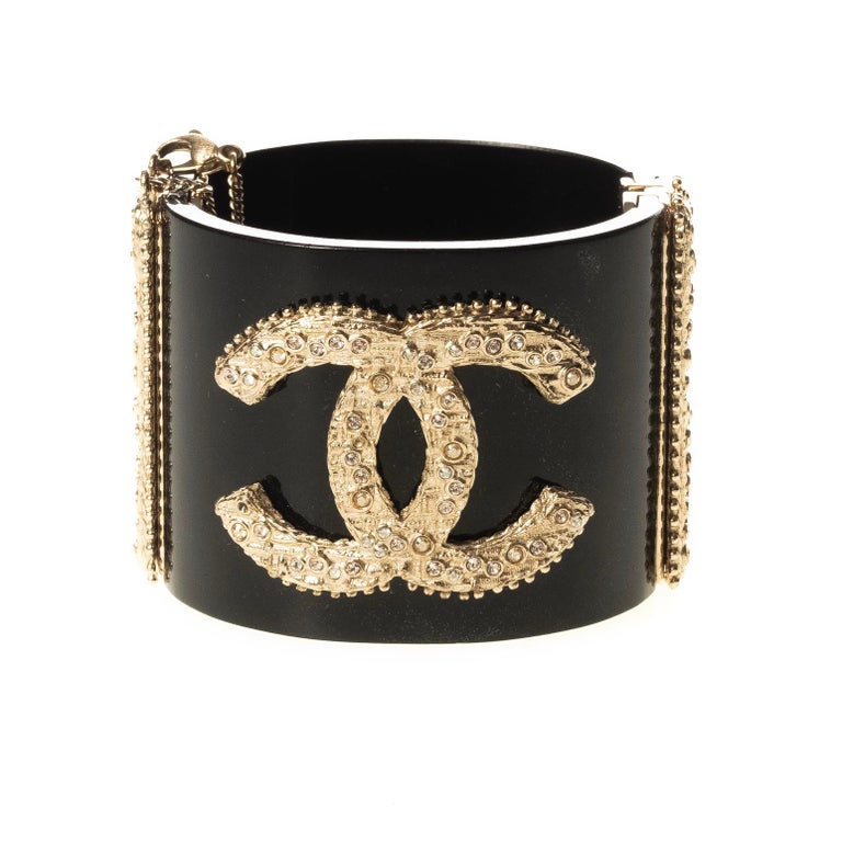 Chanel Black Resin and Crystal CC Wide Cuff Bracelet 2013