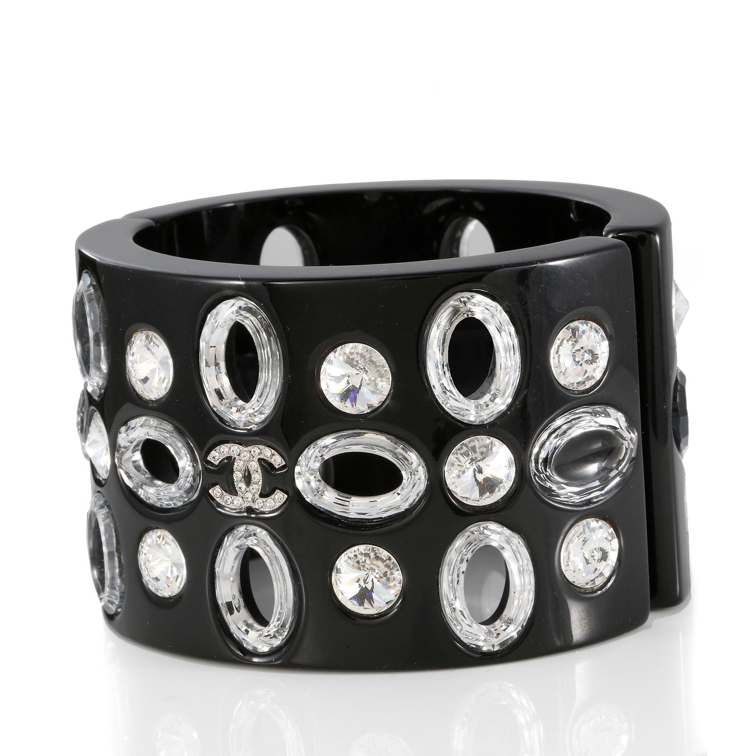 Women's Chanel Black Resin and Crystal Hinged Cuff