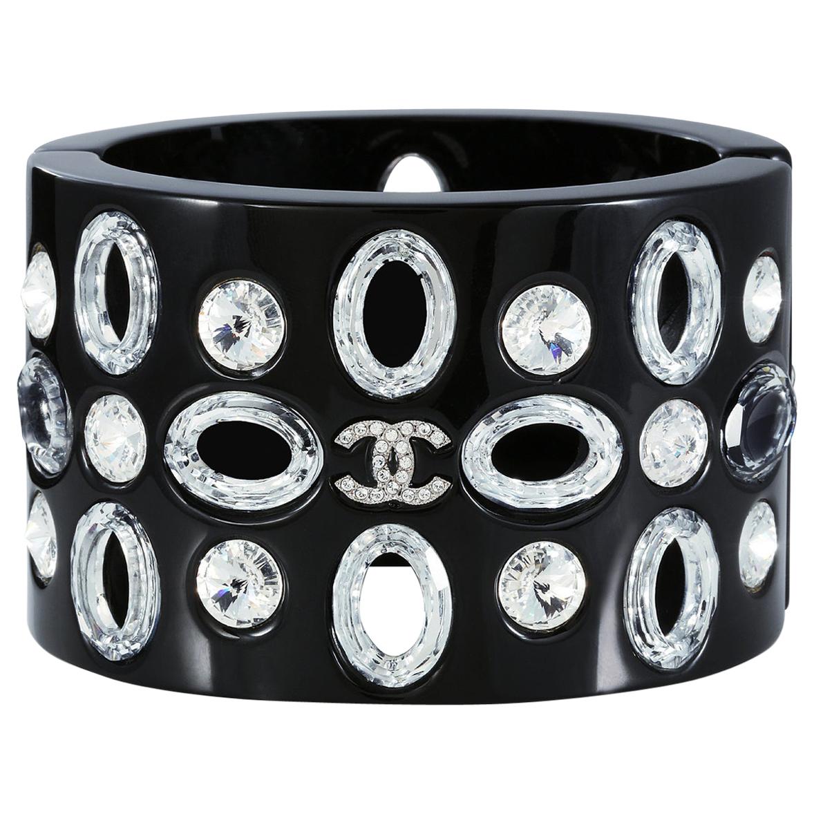 Chanel Black Resin and Crystal Hinged Cuff
