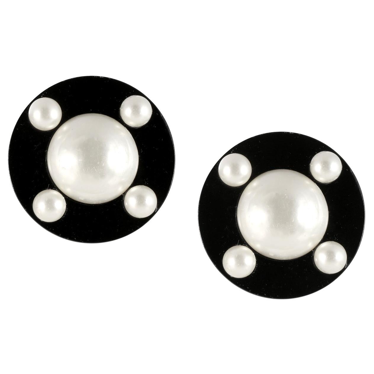 Chanel Black Resin and Pearl Vintage Earrings For Sale