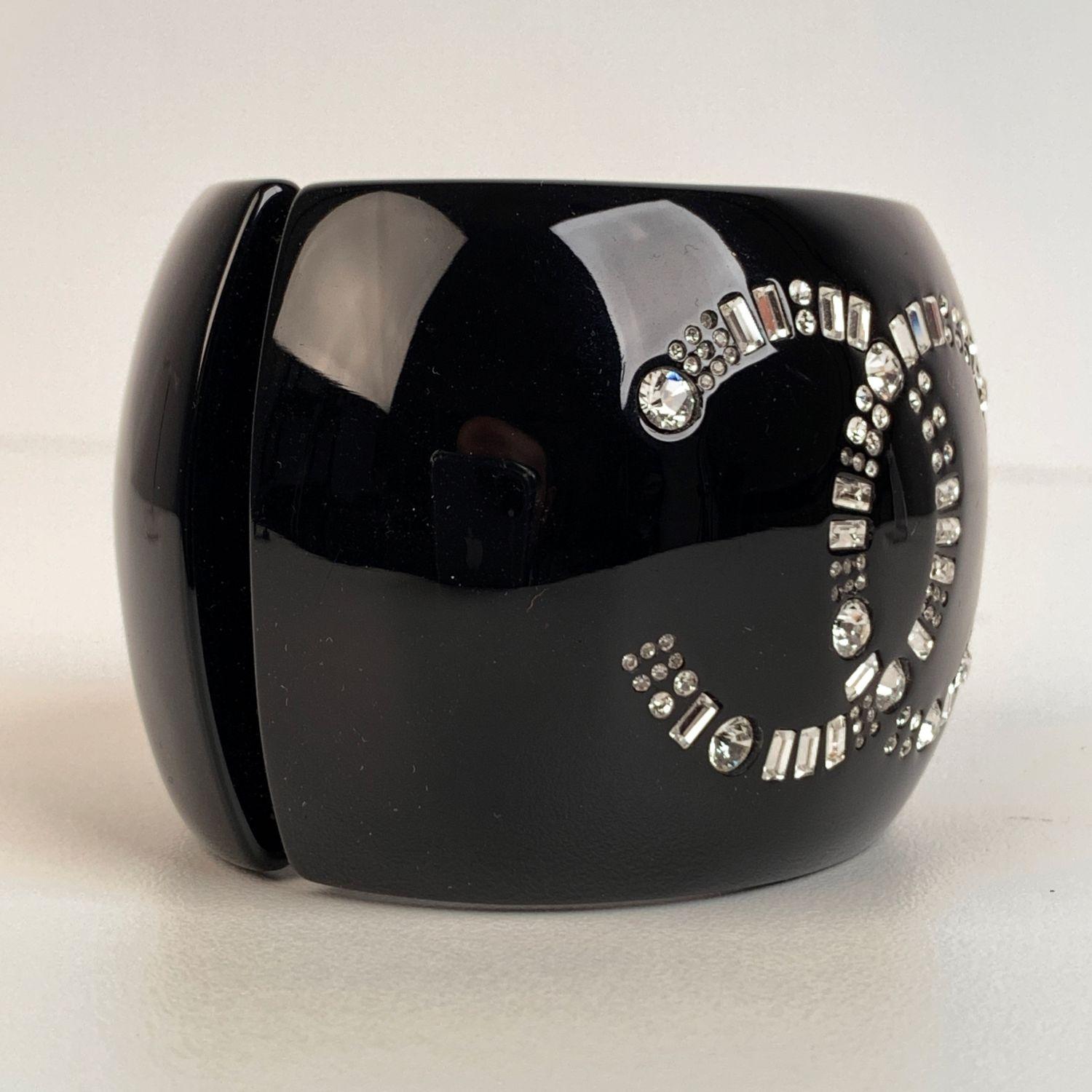Baguette Cut Chanel Black Resin and Rhinestone Crystal CC Logo Cuff Bangle Bracelet