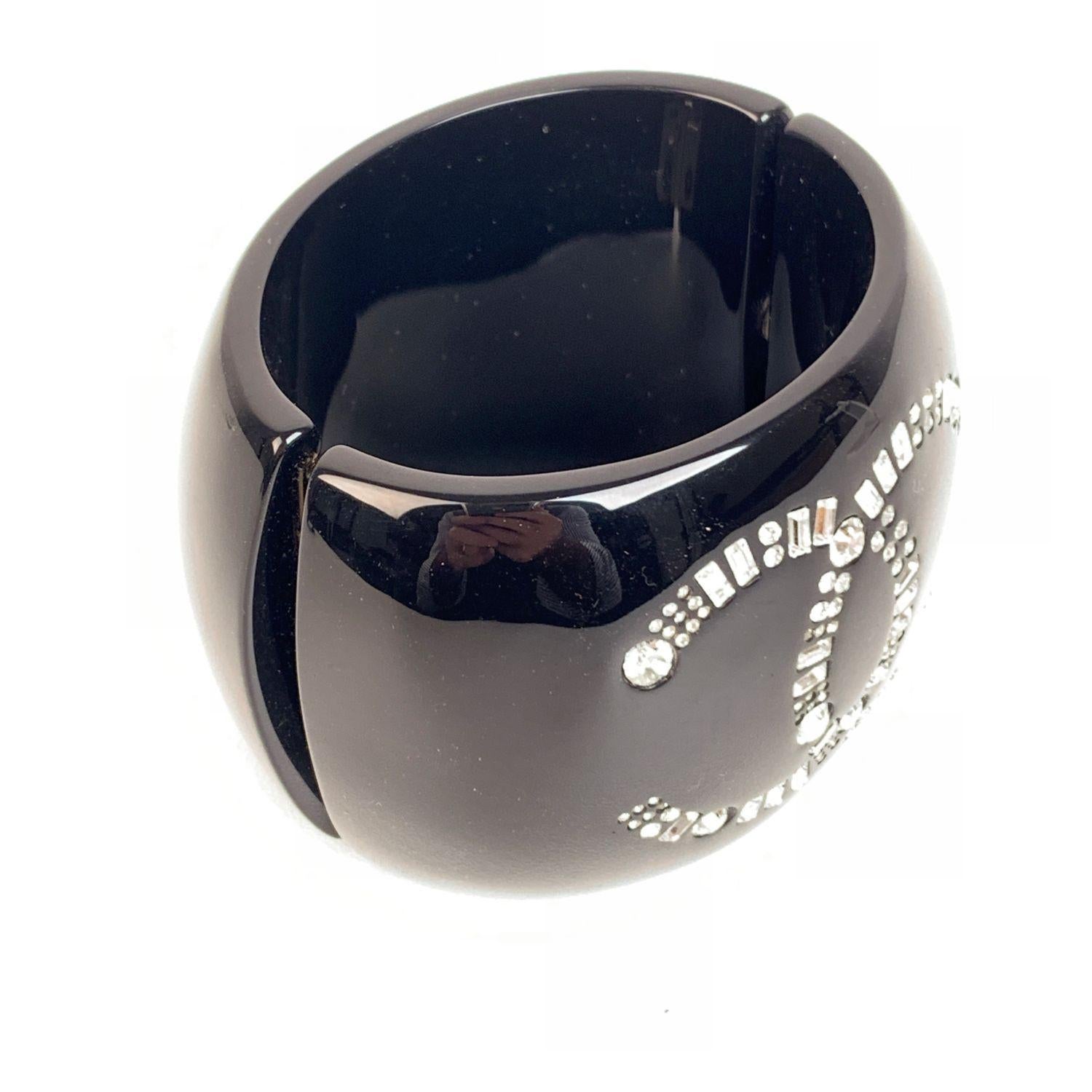 Chanel Black Resin and Rhinestone Crystal CC Logo Cuff Bangle Bracelet 1