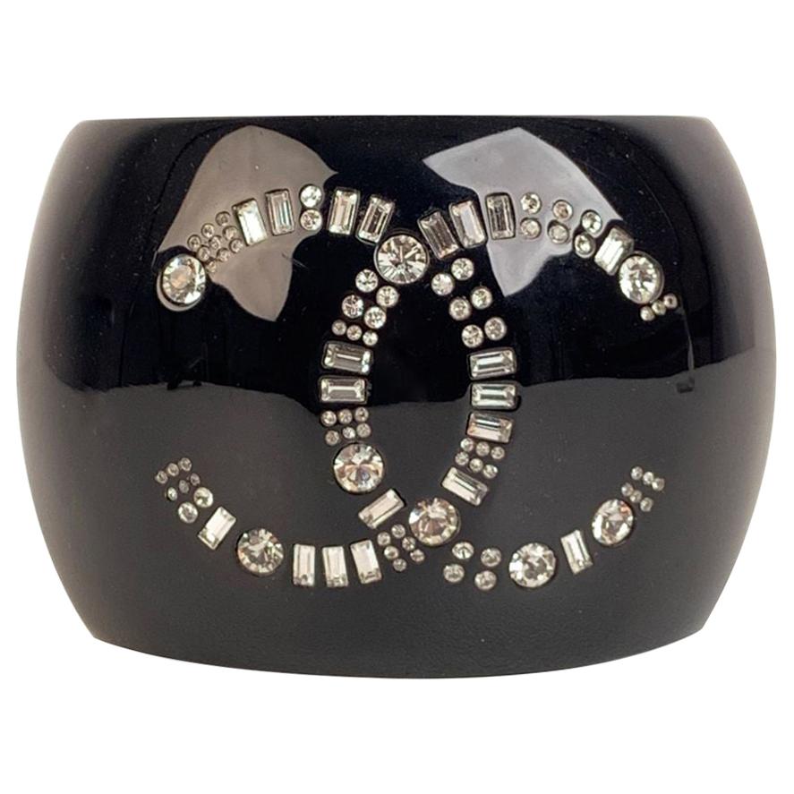 Chanel Black Resin and Rhinestone Crystal CC Logo Cuff Bangle Bracelet