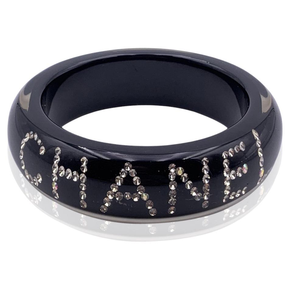 Chanel Black Resin and Rhinestone Crystal Logo Cuff Bangle Bracelet