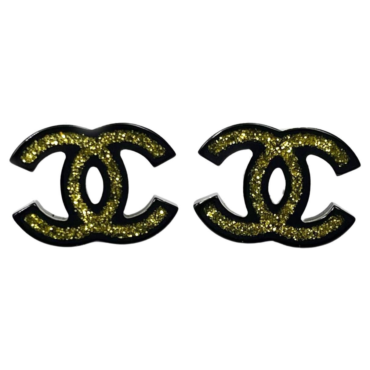 Chanel Black Resin CC Gold Glitter Piercing Earrings 