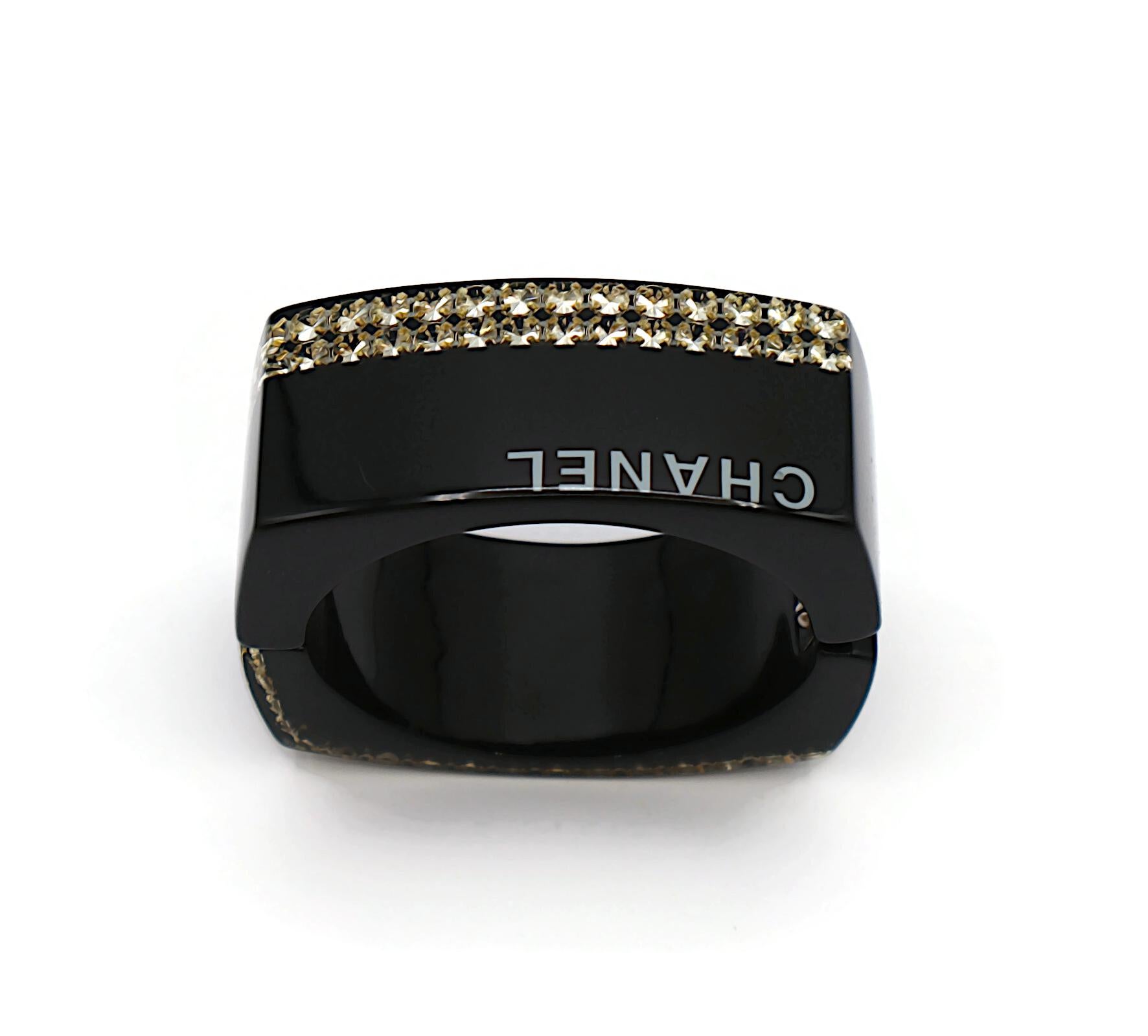 CHANEL Black Resin Crystal Inlaid Clamper Cuff Bracelet For Sale 7