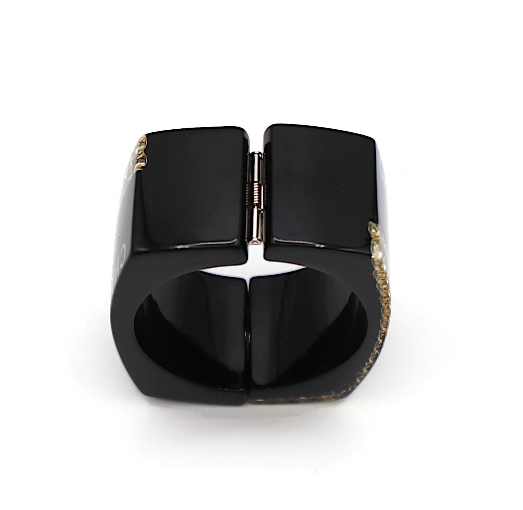 CHANEL Black Resin Crystal Inlaid Clamper Cuff Bracelet For Sale 8