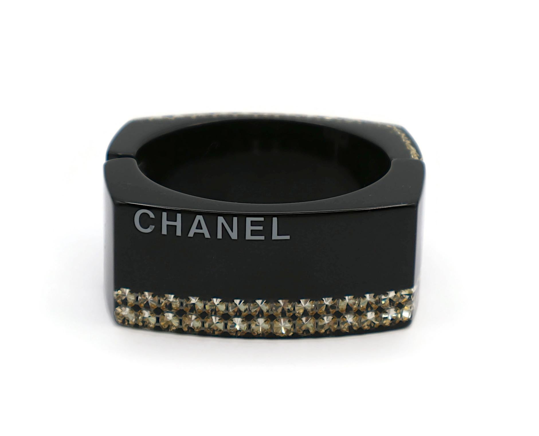 Women's CHANEL Black Resin Crystal Inlaid Clamper Cuff Bracelet For Sale