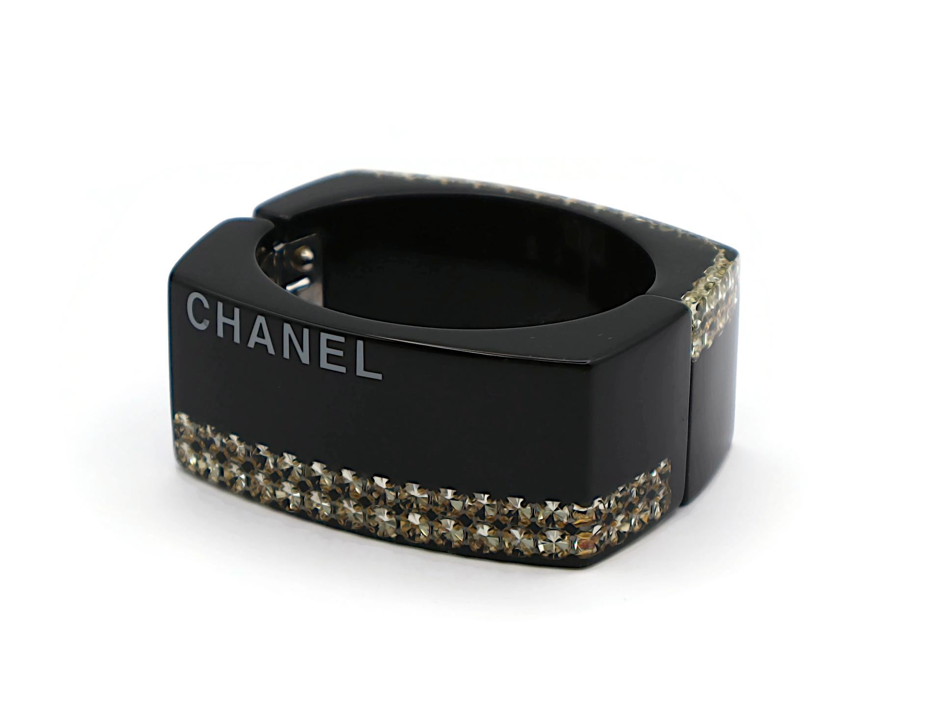 CHANEL Black Resin Crystal Inlaid Clamper Cuff Bracelet For Sale 1