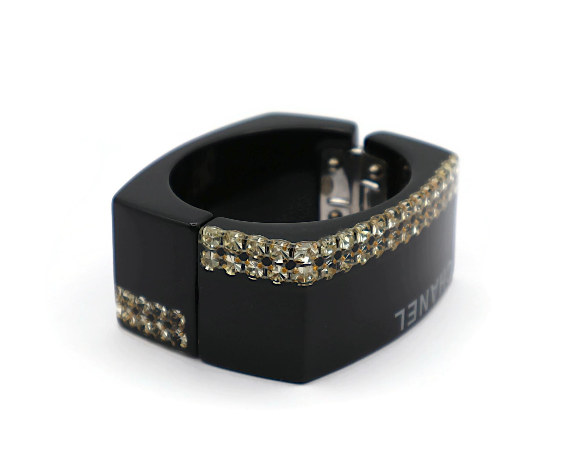 CHANEL Black Resin Crystal Inlaid Clamper Cuff Bracelet For Sale 2