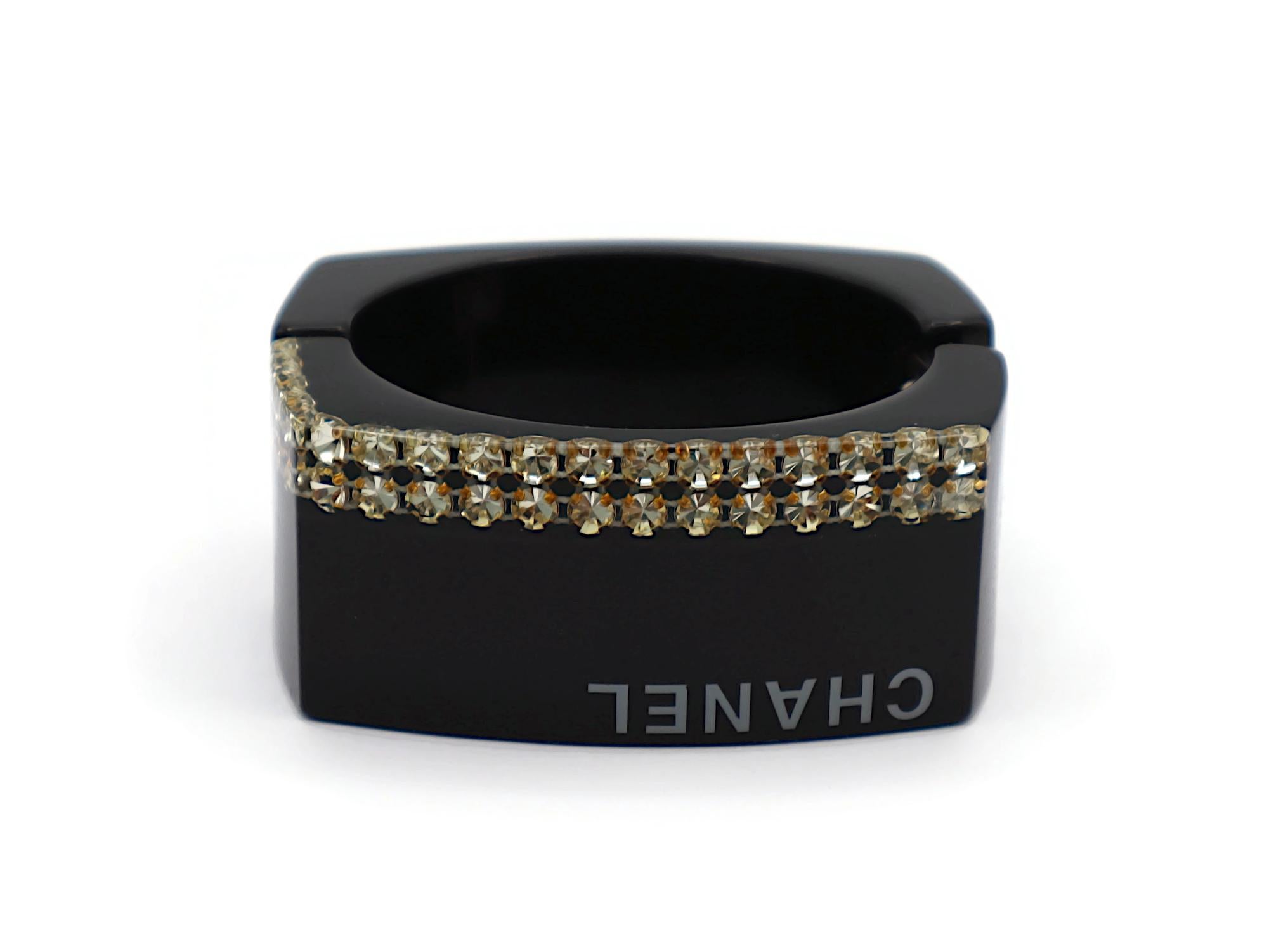 CHANEL Black Resin Crystal Inlaid Clamper Cuff Bracelet For Sale 3