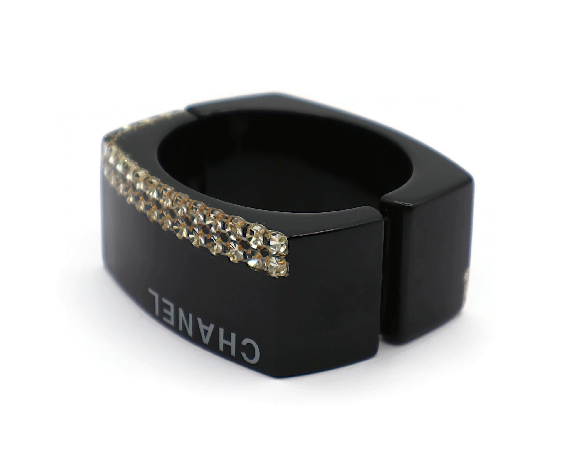 CHANEL Black Resin Crystal Inlaid Clamper Cuff Bracelet For Sale 4
