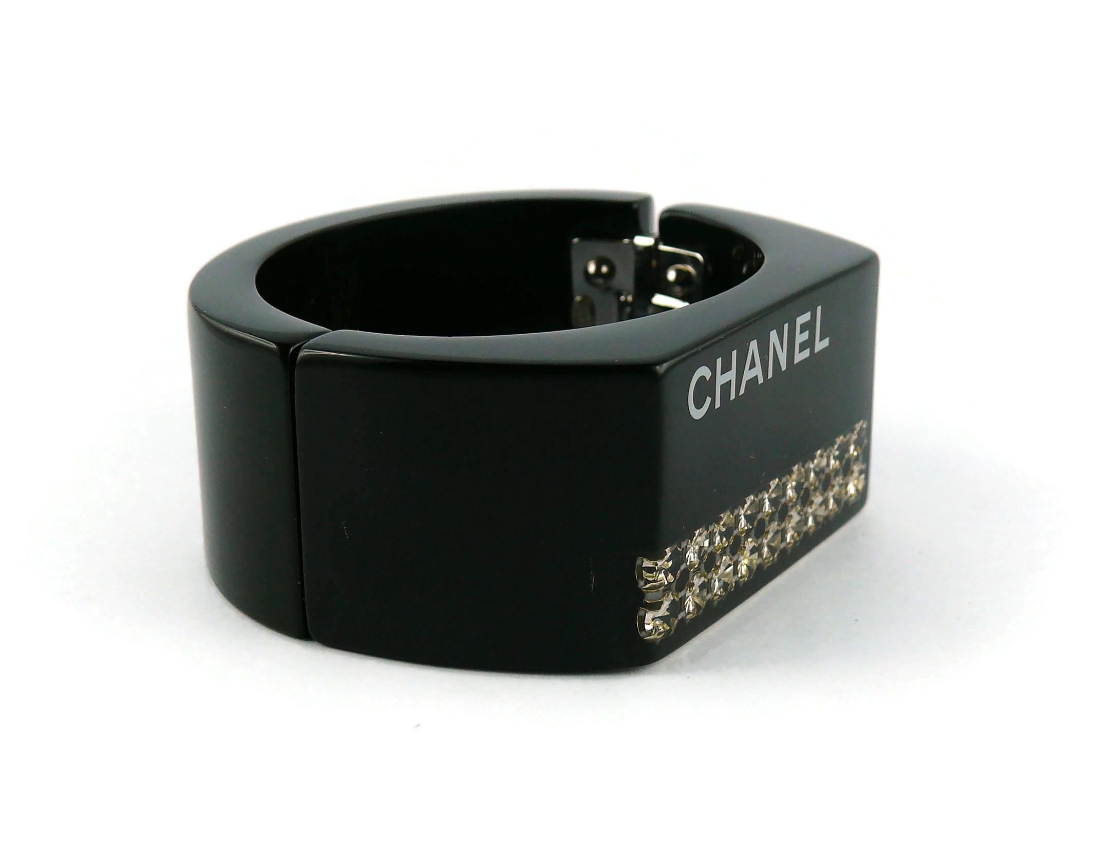 Chanel Black Resin Crystal Inlaid Clamper Cuff Bracelet For Sale 4