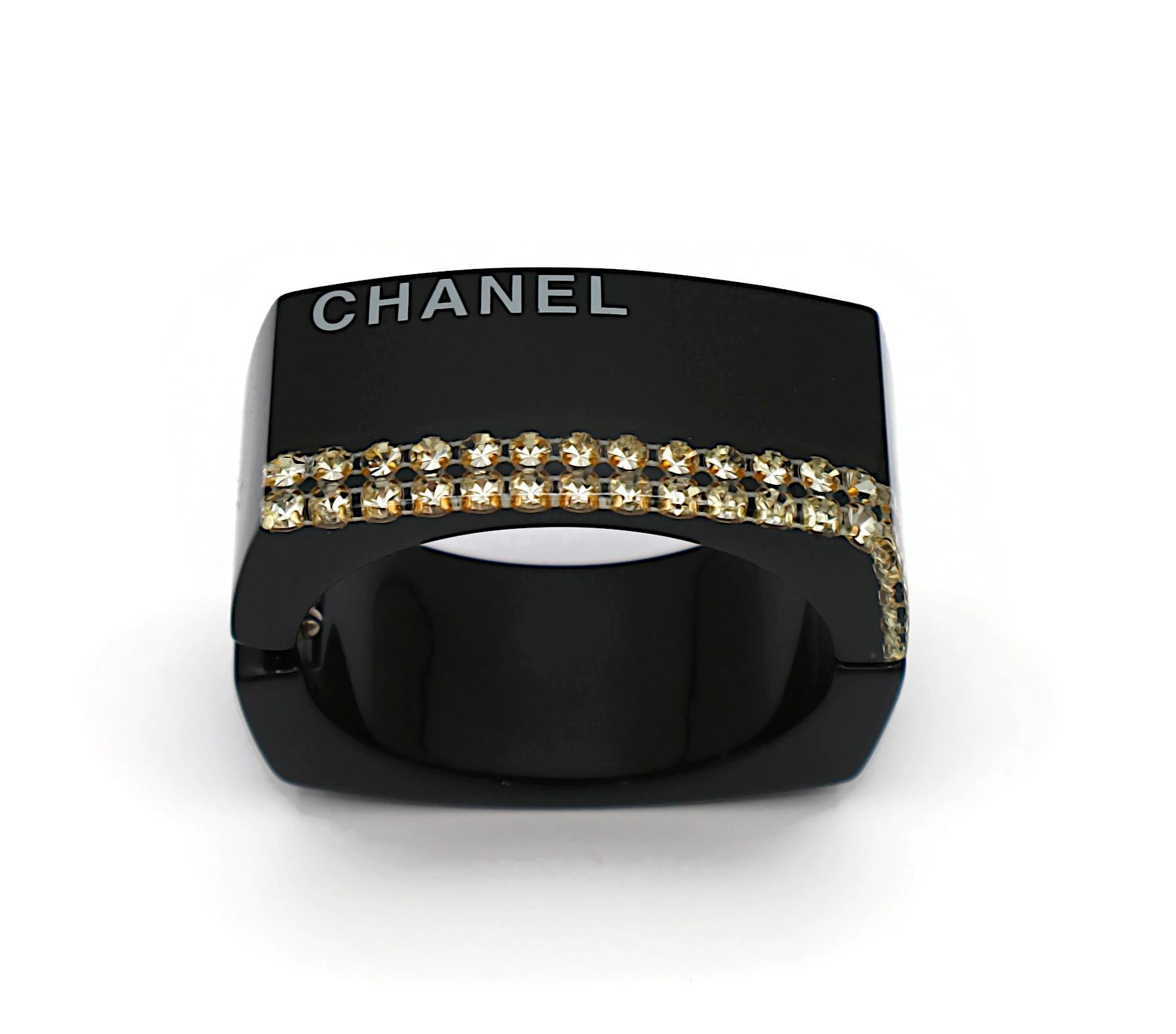 CHANEL Black Resin Crystal Inlaid Clamper Cuff Bracelet For Sale 5