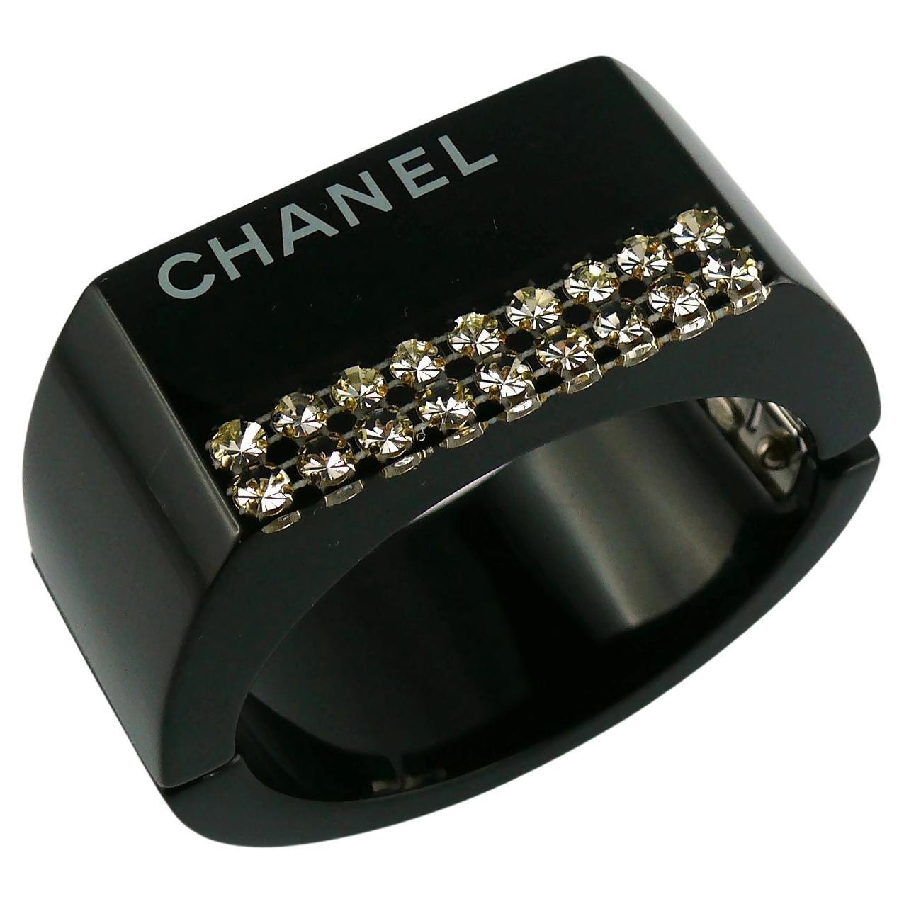Chanel Black Resin Crystal Inlaid Clamper Cuff Bracelet For Sale