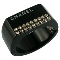 Vintage Chanel Black Resin Crystal Inlaid Clamper Cuff Bracelet
