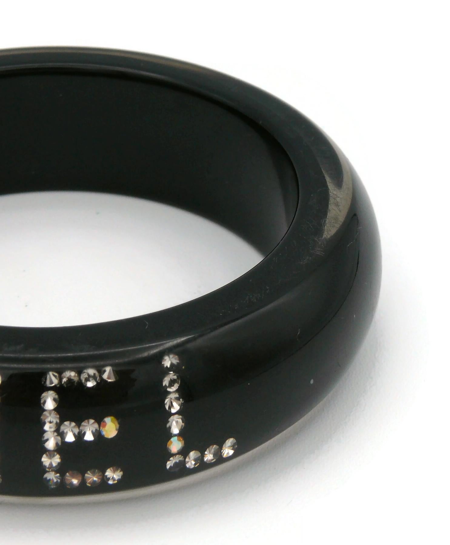 CHANEL Black Resin Crystal Logo Inlaid Wide Bangle Bracelet Fall 2003 For Sale 8